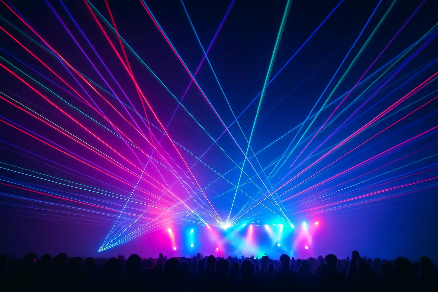 "A vibrant concert scene with colorful laser beams creating a stunning light show."